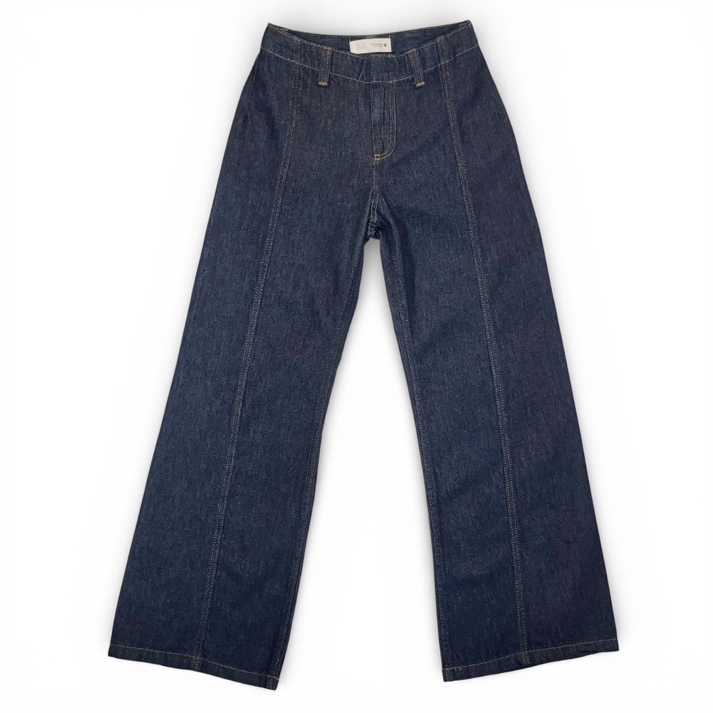 Zara Indigo Dark Wash Wide Leg Front Seam High Rise Denim Blue Jeans 2